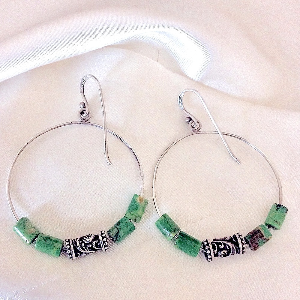 925 Sterling Hoop Earrings silver, green Beads